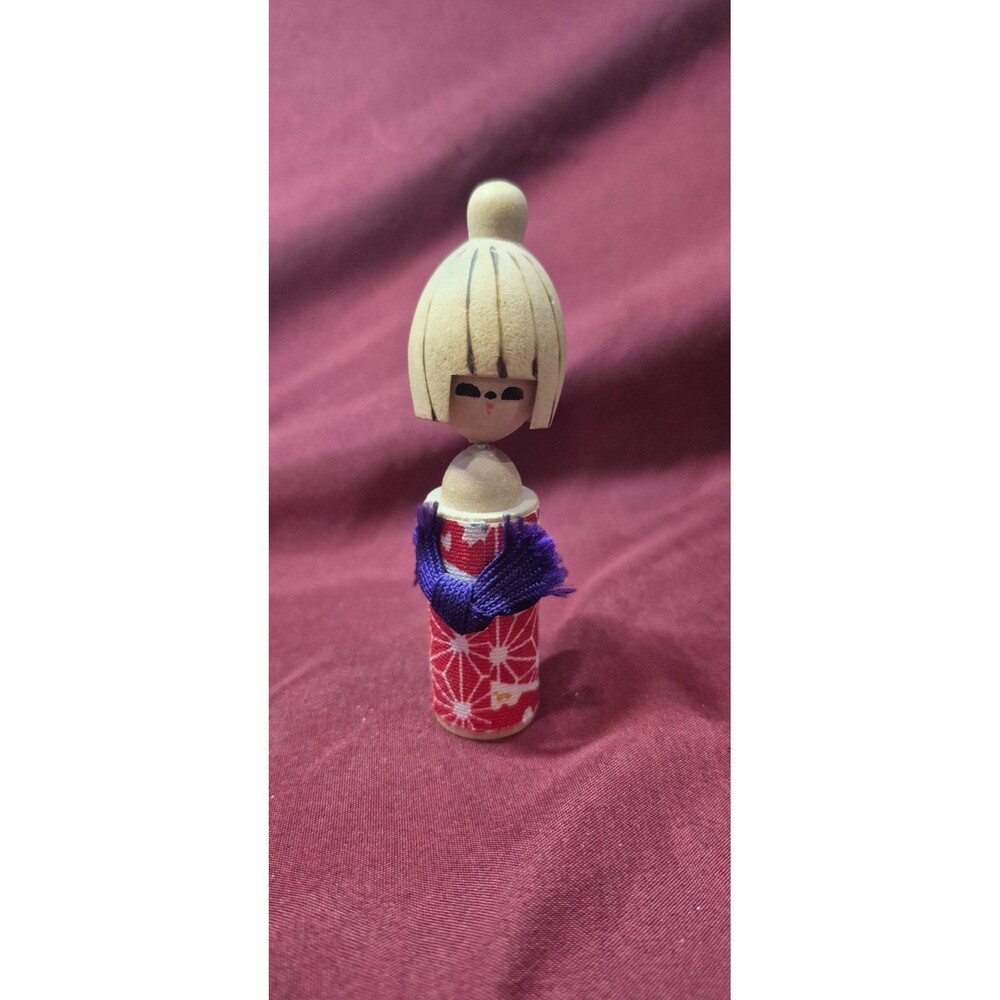 Vintage Japanese Kokeshi Doll 4" Wooden Fabric Wrapped Kimono Folk Art Dated '88